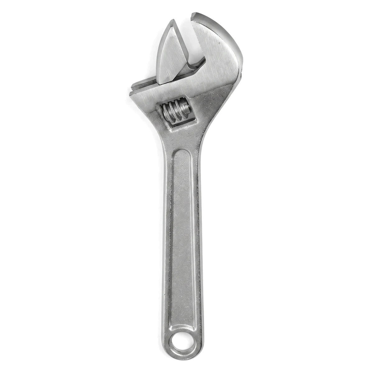 Silver metallic 8-inch adjustable wrench, a versatile hand tool, displayed vertically on a white background.