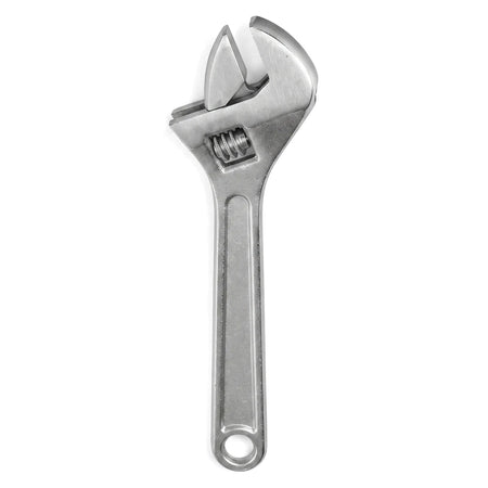 Silver metallic 8-inch adjustable wrench, a versatile hand tool, displayed vertically on a white background.