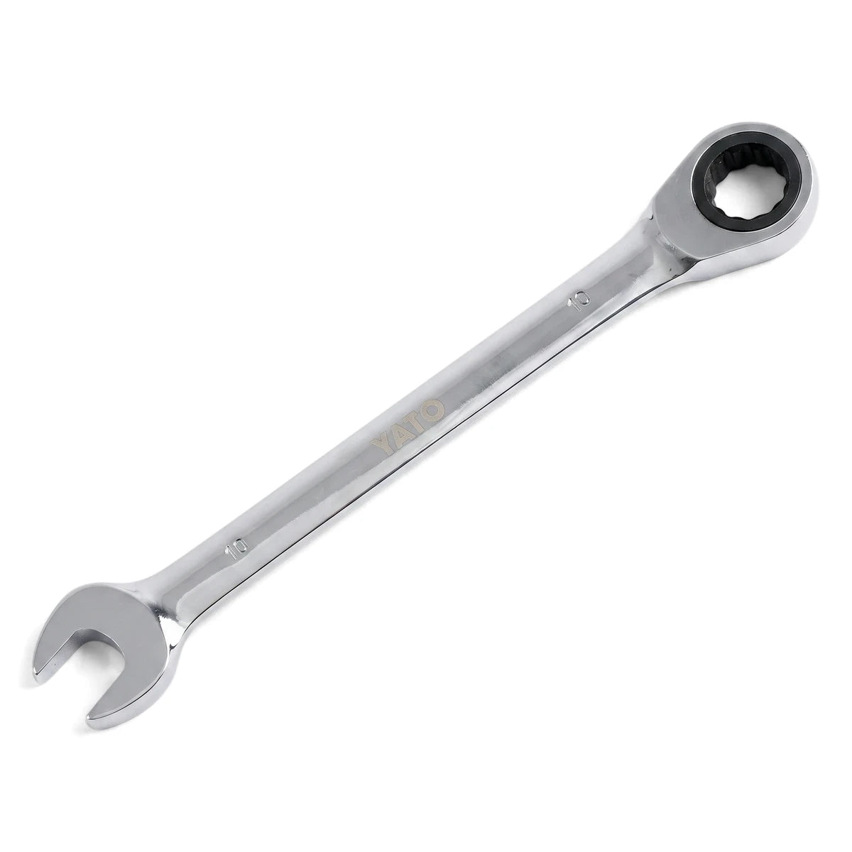 A silver chrome 10mm combination ratchet spanner with an open-end wrench and a ratcheting box-end, viewed at an angle.