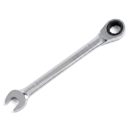 A silver chrome 10mm combination ratchet spanner with an open-end wrench and a ratcheting box-end, viewed at an angle.