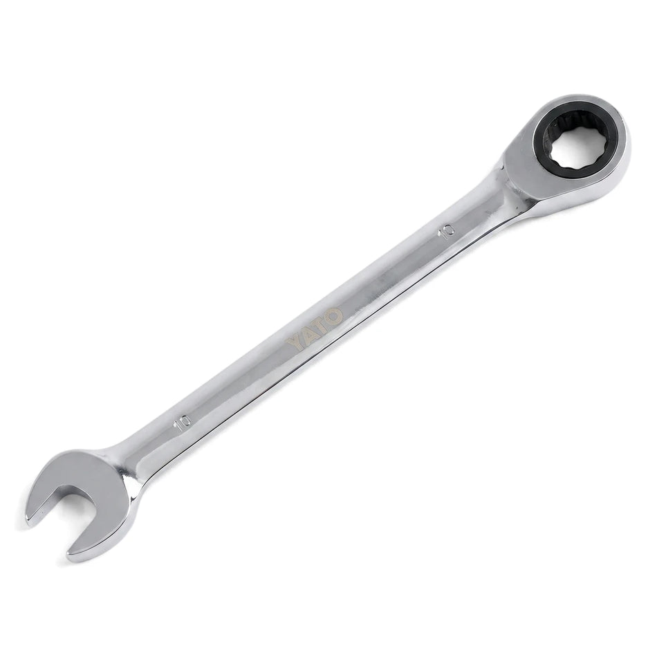 A silver chrome 10mm combination ratchet spanner with an open-end wrench and a ratcheting box-end, viewed at an angle.