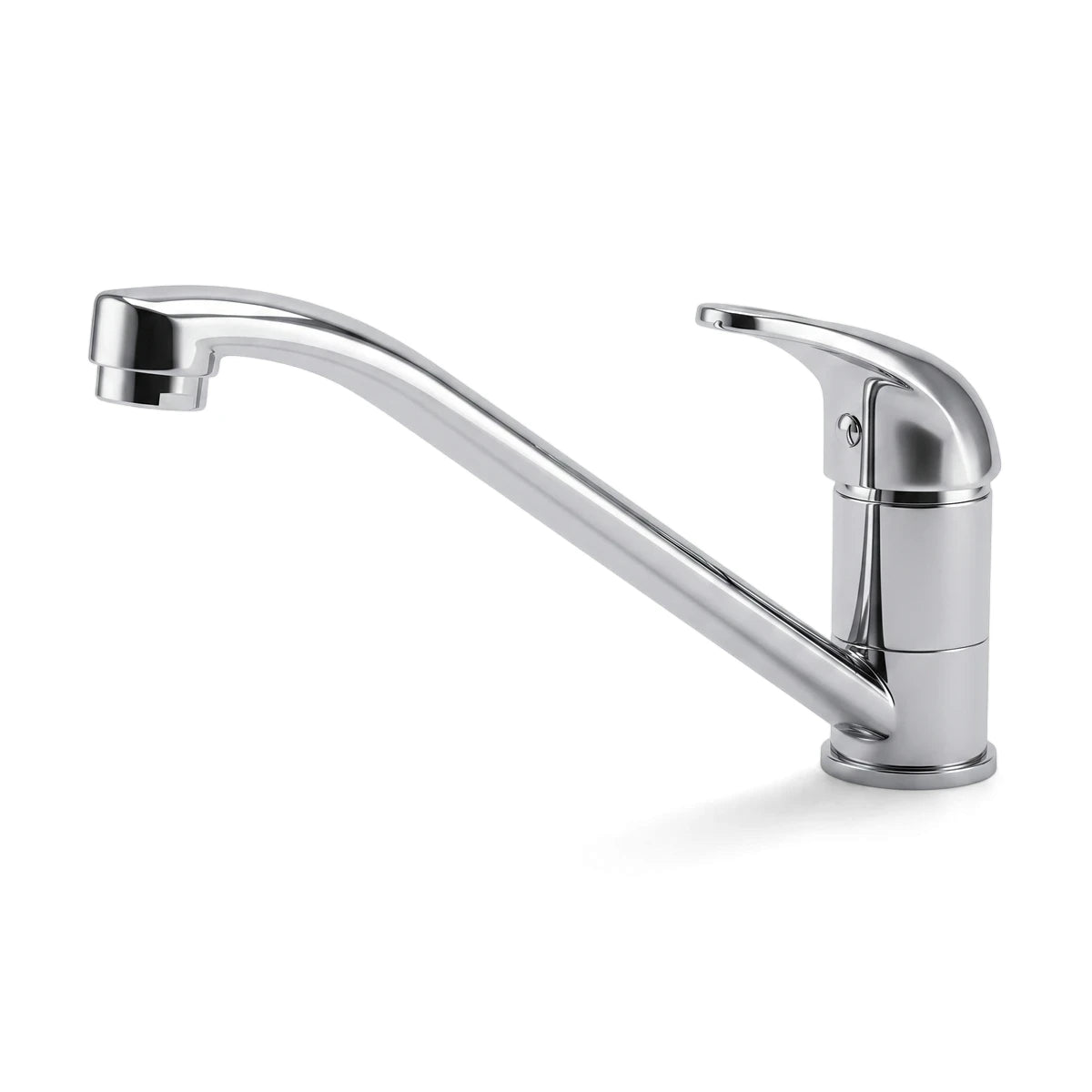 Silver chrome deck type mixer kitchen faucet with a curved spout and single lever handle, side view.