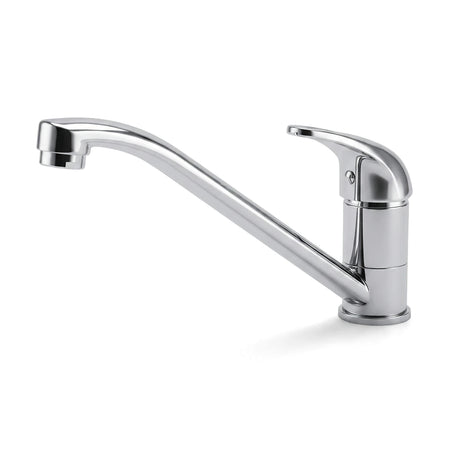 Silver chrome deck type mixer kitchen faucet with a curved spout and single lever handle, side view.