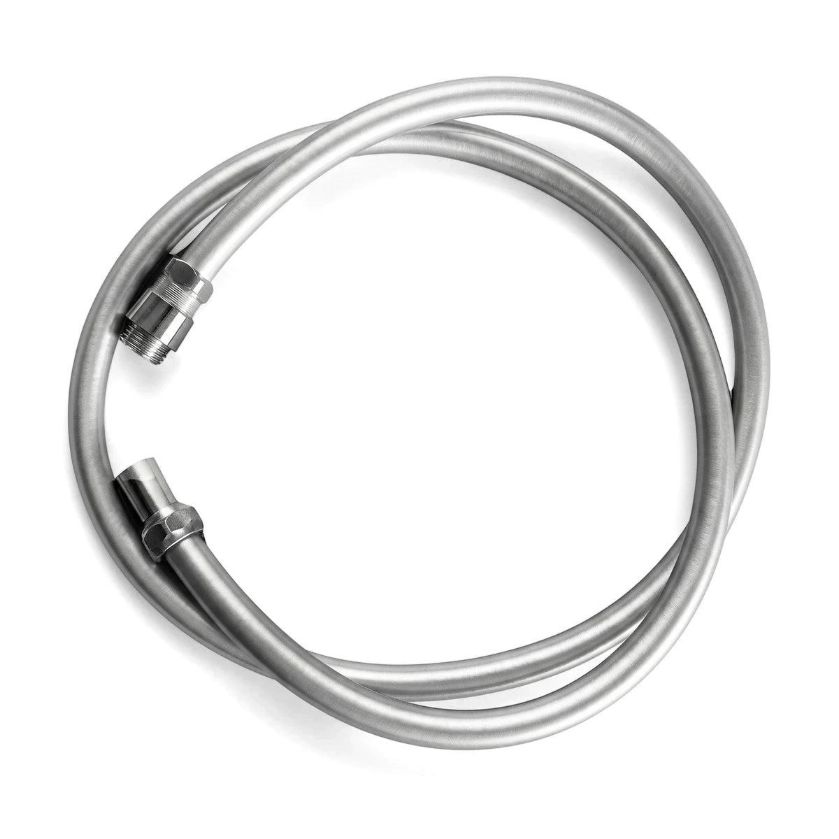 Silver coiled metal shower hose with threaded connectors. This 1500mm long, 1/2-inch fitting hose is ready for installation.