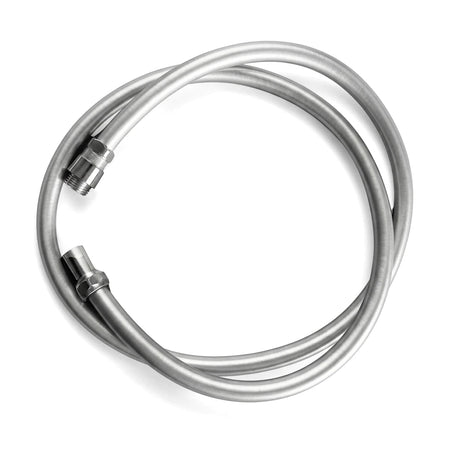 Silver coiled metal shower hose with threaded connectors. This 1500mm long, 1/2-inch fitting hose is ready for installation.