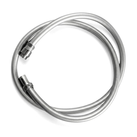 Silver coiled metal shower hose with threaded connectors. This 1500mm long, 1/2-inch fitting hose is ready for installation.