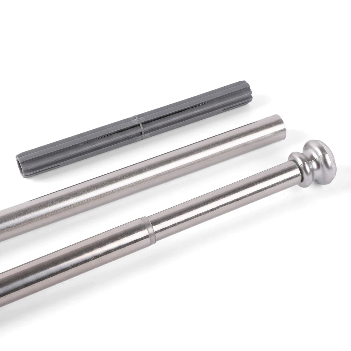 Two silver expandable shower curtain rods and a gray plastic mounting component are displayed on a white surface.