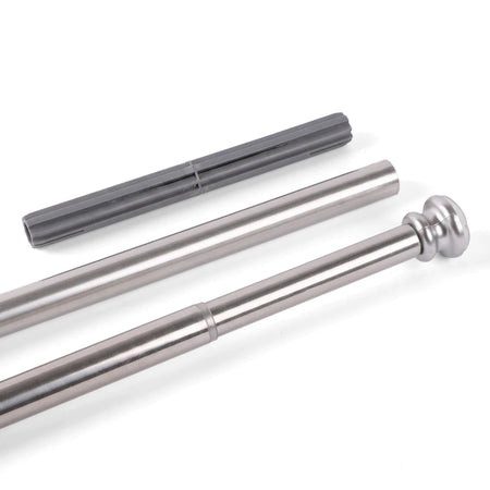 Two silver expandable shower curtain rods and a gray plastic mounting component are displayed on a white surface.
