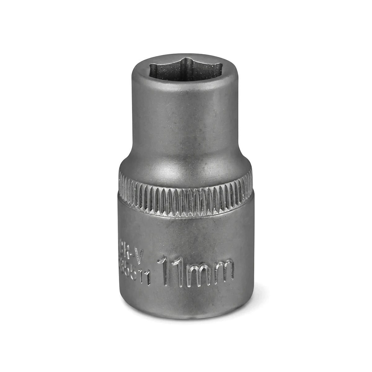 A silver-gray 11mm 1/2-inch drive 6-point hex socket made of chrome vanadium steel, viewed directly on a white background.