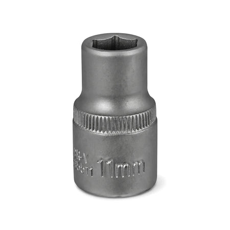A silver-gray 11mm 1/2-inch drive 6-point hex socket made of chrome vanadium steel, viewed directly on a white background.