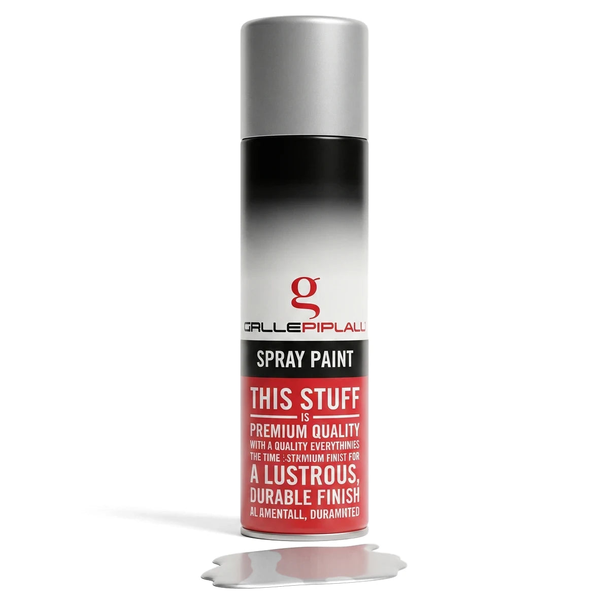 Silver hammer finish spray paint can with a red and black label, showing a small silver paint spill at its base.