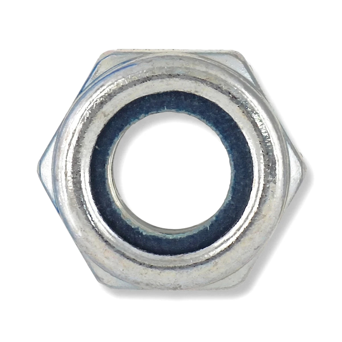 Close-up view of a silver hexagonal nylock nut with a blue nylon insert, part of a 100-pack, designed for secure fastening.