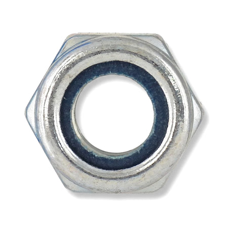 Close-up view of a silver hexagonal nylock nut with a blue nylon insert, part of a 100-pack, designed for secure fastening.