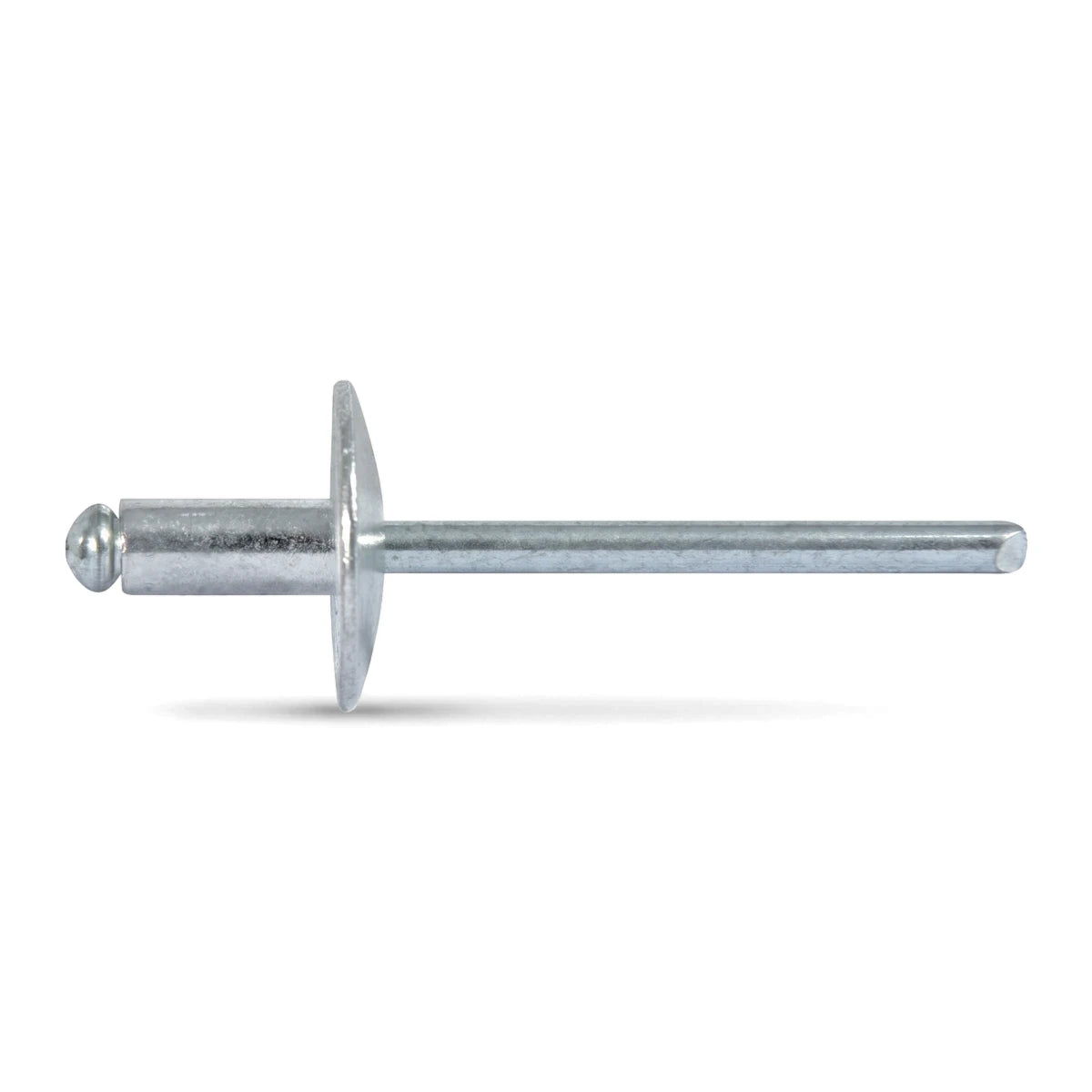 Silver large flange blind rivet for fastening applications, shown in a horizontal view against a clean backdrop.