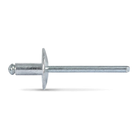 Silver large flange blind rivet for fastening applications, shown in a horizontal view against a clean backdrop.