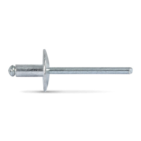 Silver large flange blind rivet for fastening applications, shown in a horizontal view against a clean backdrop.