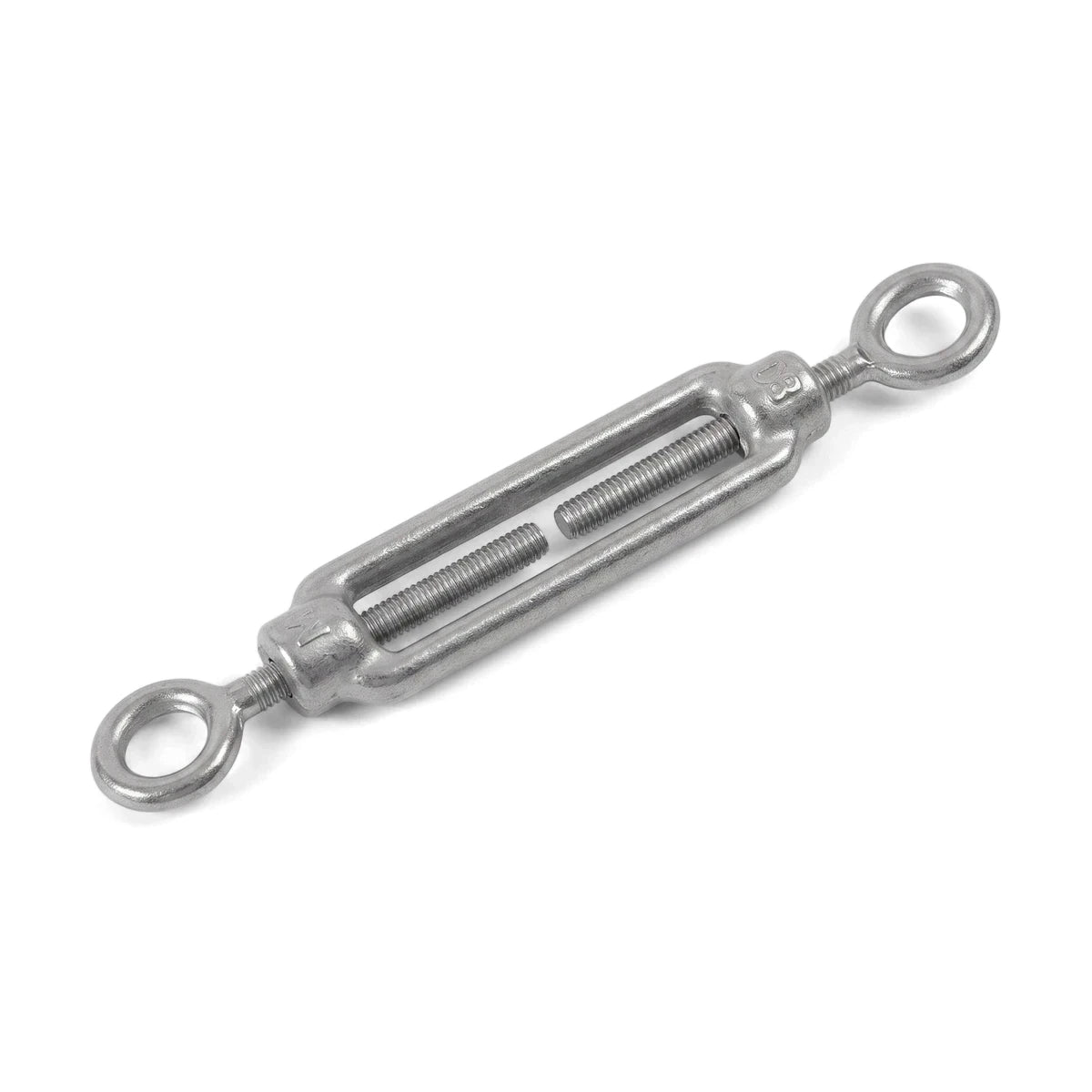 Silver M8 eye and eye turnbuckle for industrial applications, used to adjust tension and length of ropes, cables, or rods.