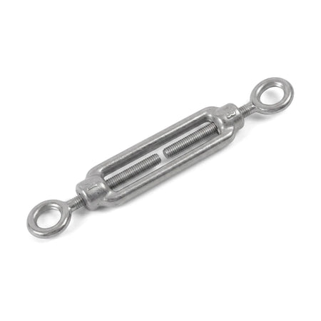 Silver M8 eye and eye turnbuckle for industrial applications, used to adjust tension and length of ropes, cables, or rods.