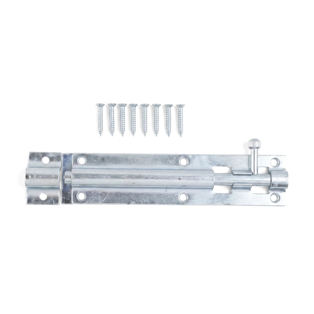 Silver metal 150mm barrel bolt door latch with included mounting screws displayed on a white background.