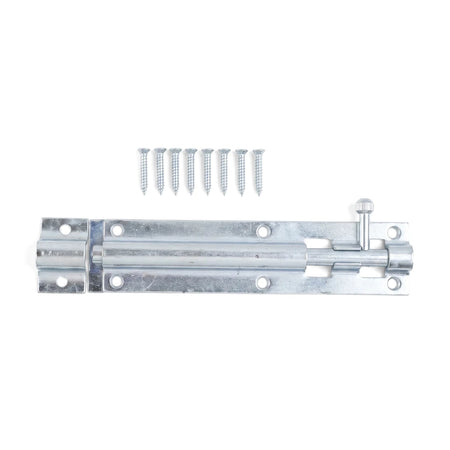 Silver metal 150mm barrel bolt door latch with included mounting screws displayed on a white background.