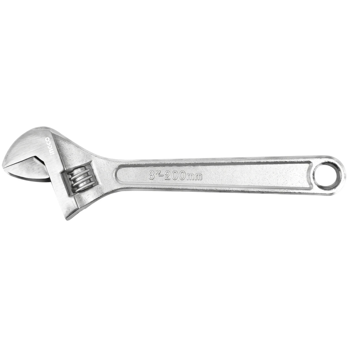 Silver metal adjustable wrench, 8-inch or 200mm in length, with 'ingco' branding, presented horizontally.