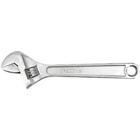 Silver metal adjustable wrench, 8-inch or 200mm in length, with 'ingco' branding, presented horizontally.