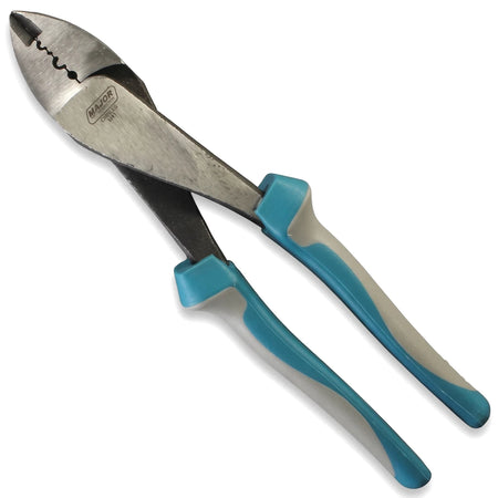Silver metal crimping pliers with blue and white ergonomic handles, positioned diagonally on a white background.