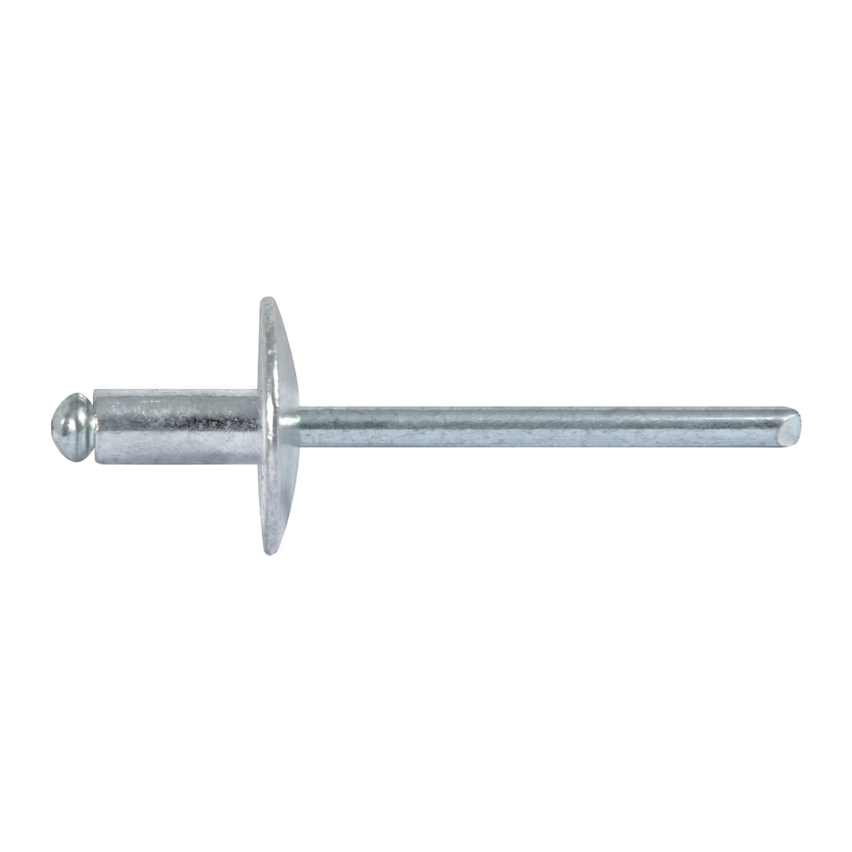 Silver metal large flange blind rivet, a common hardware fastener, viewed horizontally against a white background.