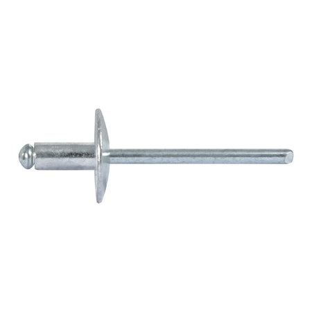 Silver metal large flange blind rivet, a common hardware fastener, viewed horizontally against a white background.