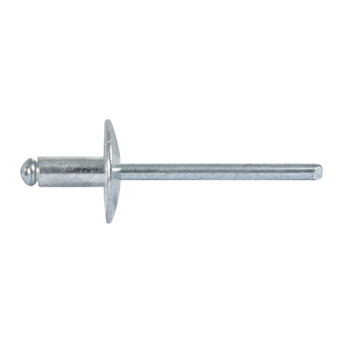 Silver metal large flange blind rivet, a common hardware fastener, viewed horizontally against a white background.