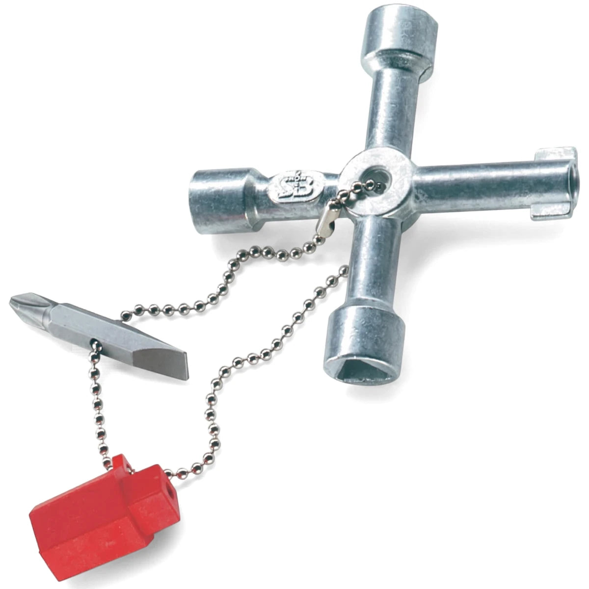 A silver metal universal key featuring a four-way wrench design, connected to a dual-ended screwdriver bit and a red plastic