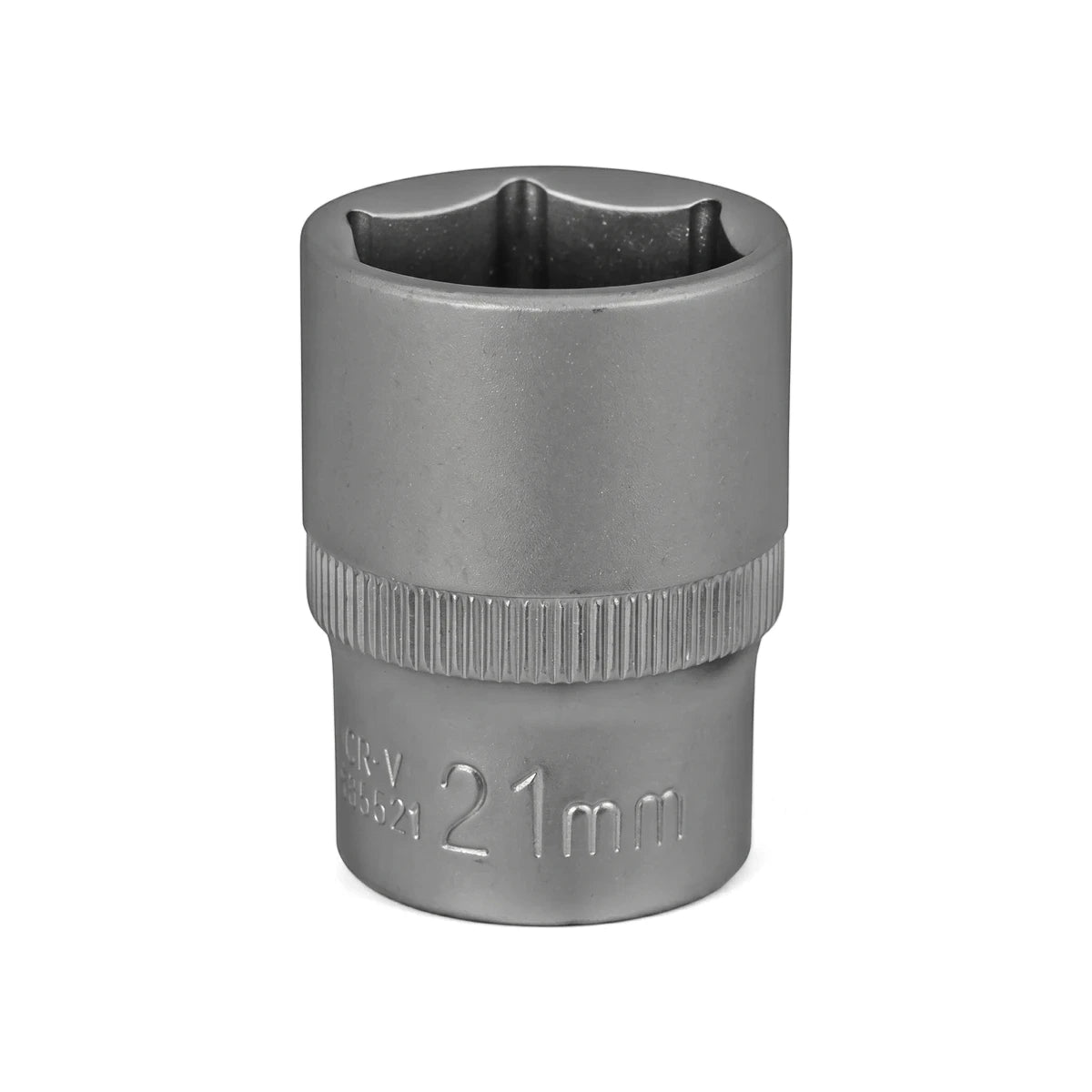 Silver metallic 1/2-inch drive 6-point hex socket, 21mm, shown standing upright on a white background.