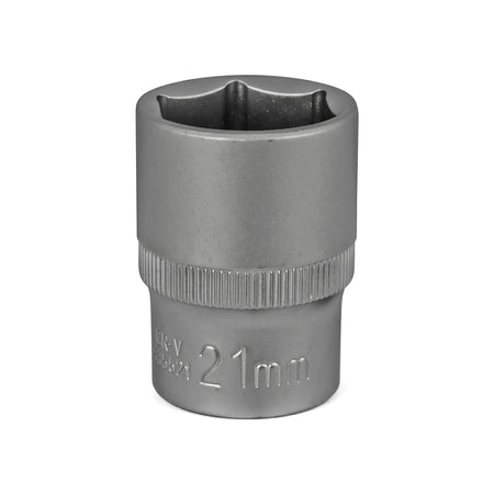 Silver metallic 1/2-inch drive 6-point hex socket, 21mm, shown standing upright on a white background.
