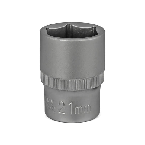 Silver metallic 1/2-inch drive 6-point hex socket, 21mm, shown standing upright on a white background.