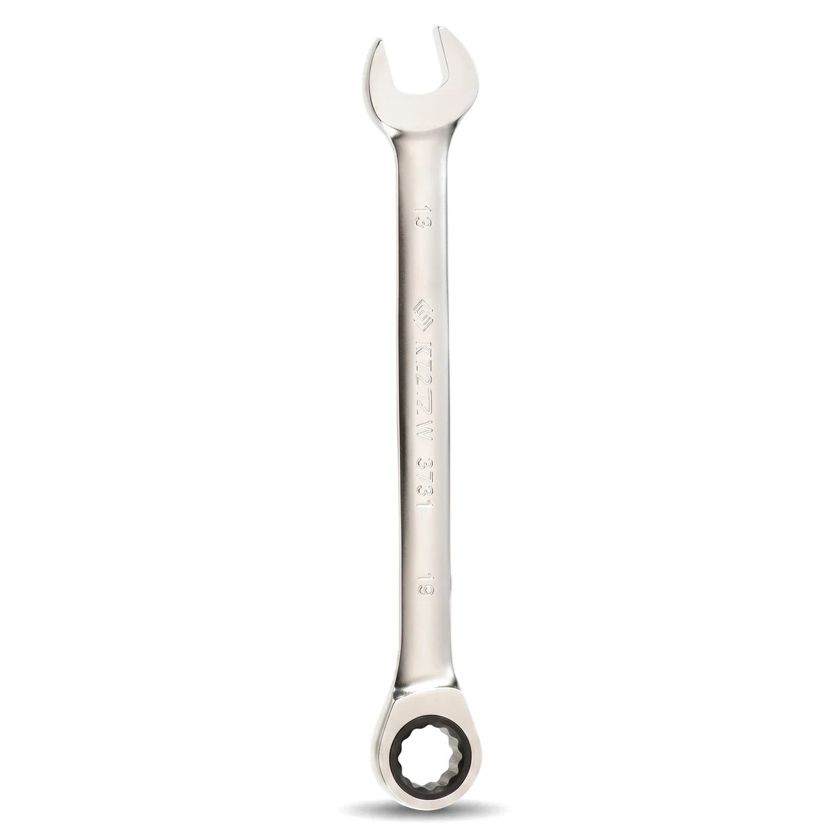 Silver metallic 19mm ratchet spanner with an open-end and a ratcheting box-end tool for automotive and mechanical tasks.