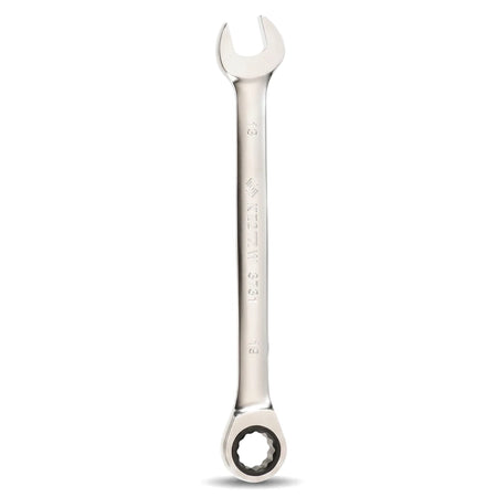 Silver metallic 19mm ratchet spanner with an open-end and a ratcheting box-end tool for automotive and mechanical tasks.