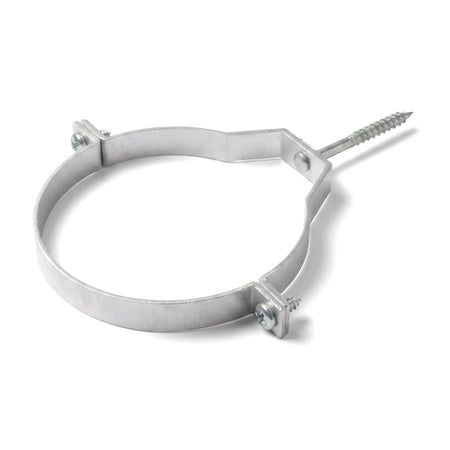 Silver metallic 75mm pipe clip with an attached threaded screw for plumbing or fastening applications, shown on a white