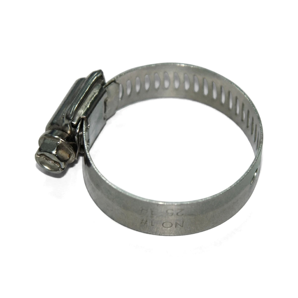 Silver metallic hose clamp for 14mm to 27mm applications, featuring a durable screw tightening mechanism and perforated band.