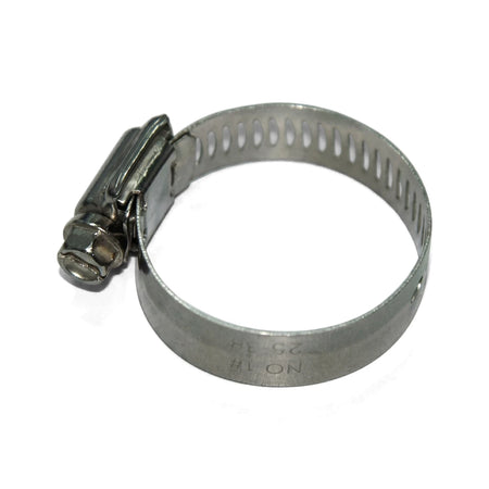 Silver metallic hose clamp for 14mm to 27mm applications, featuring a durable screw tightening mechanism and perforated band.