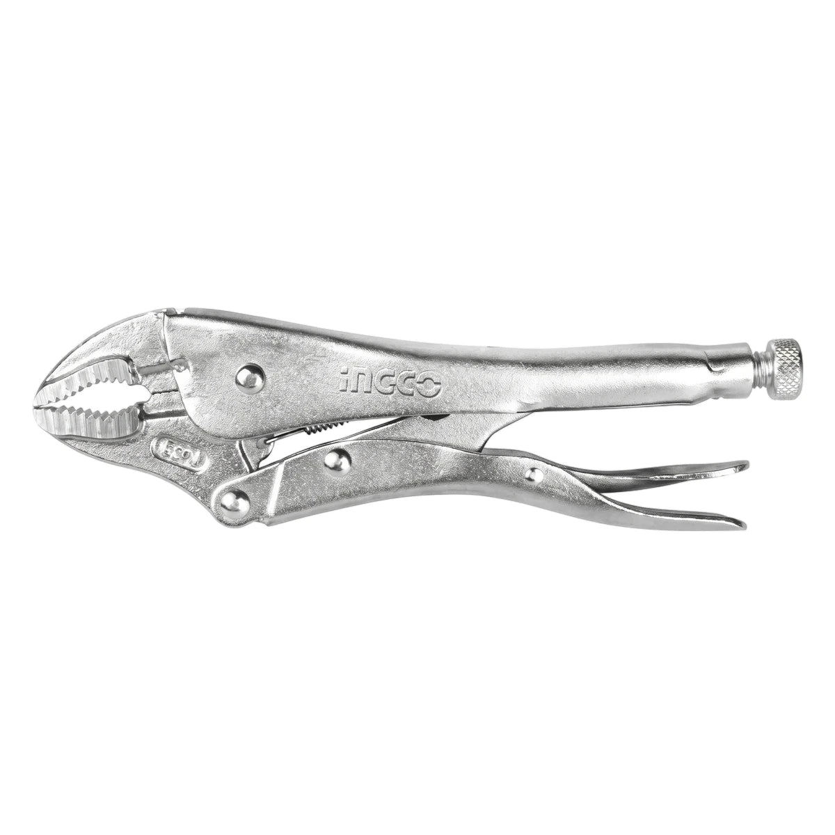 Silver metallic curved jaw locking pliers, 175mm, a durable hand tool for gripping, turning, and clamping tasks. View of the
