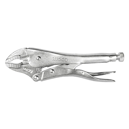 Silver metallic curved jaw locking pliers, 175mm, a durable hand tool for gripping, turning, and clamping tasks. View of the
