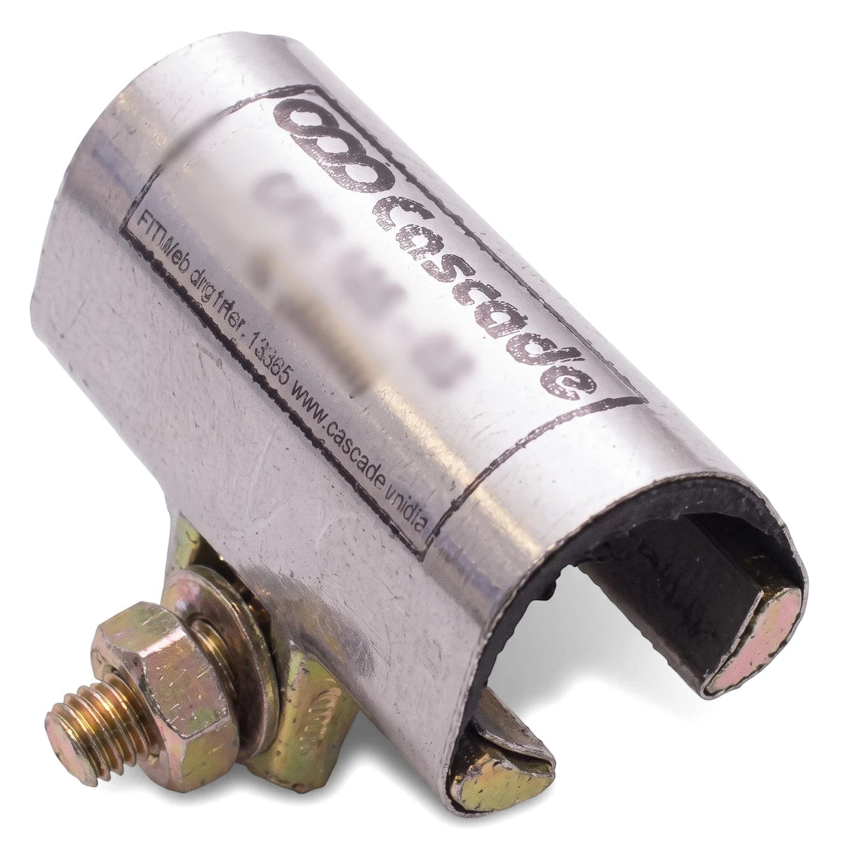 Silver metallic industrial coupling hose clamp angled showing the bolt and nut assembly for securing hoses.