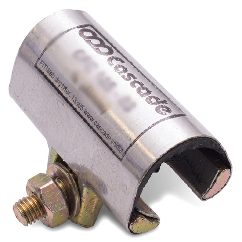 Silver metallic industrial coupling hose clamp angled showing the bolt and nut assembly for securing hoses.
