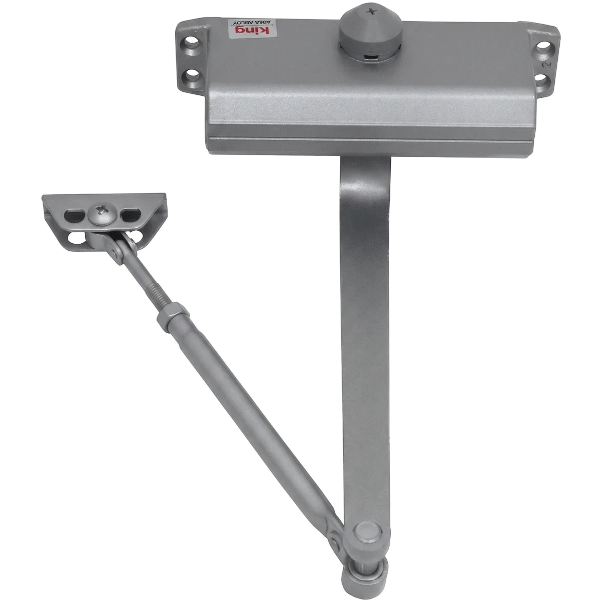 Silver metallic King ABLOY dual action door closer, 45kg, with an adjustable arm for controlled door movement.