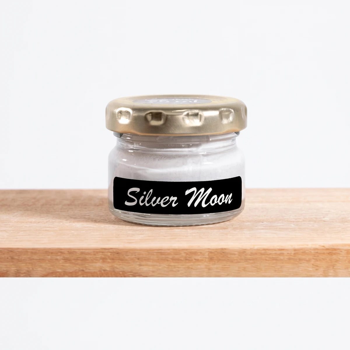 Silver Moon 25ml chalk paint in a small clear glass jar with a metallic lid, front view showing label