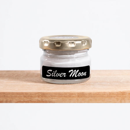 Silver Moon 25ml chalk paint in a small clear glass jar with a metallic lid, front view showing label