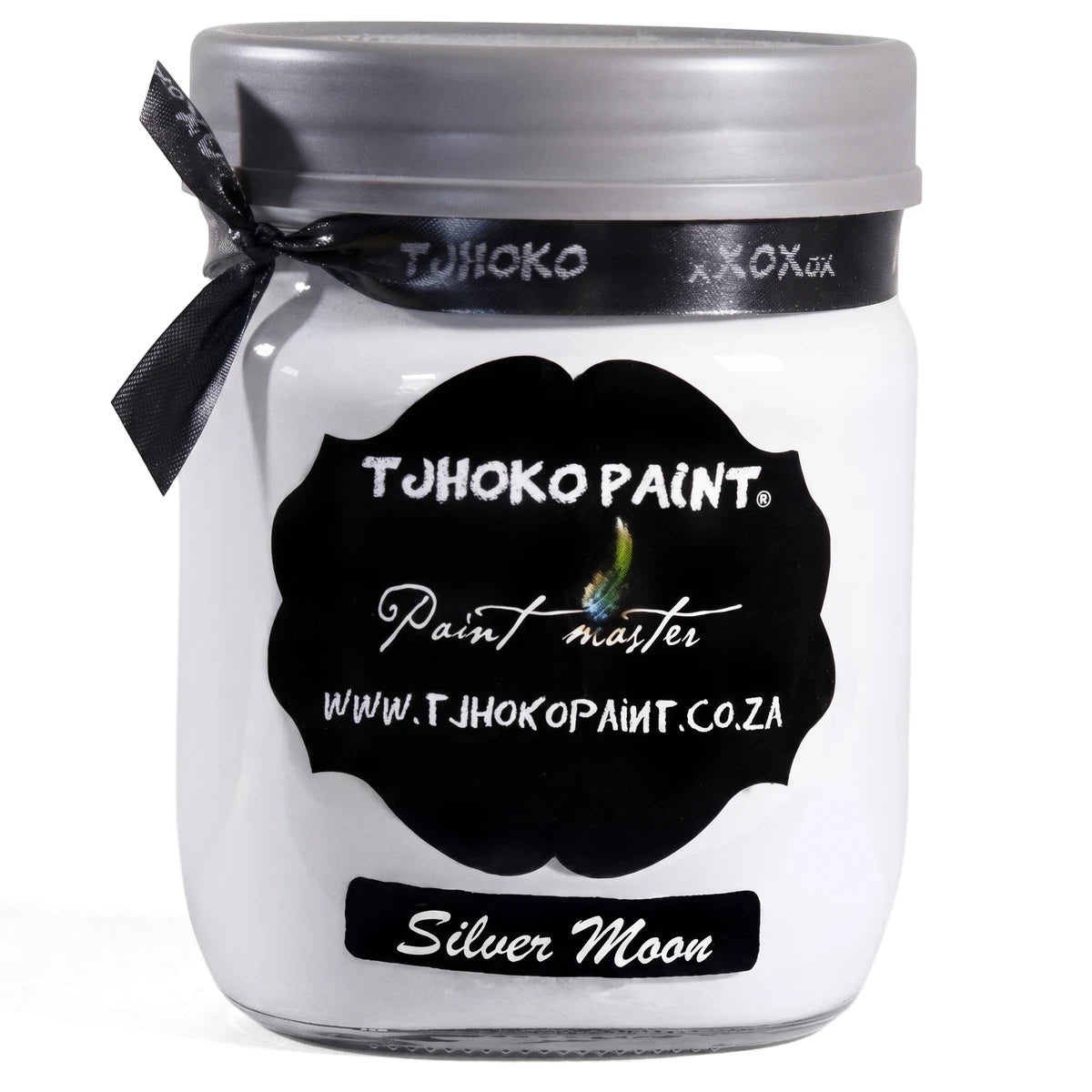 Silver Moon 500ml Tjohoko chalk paint jar with a silver lid, black ribbon, and black label displaying branding.