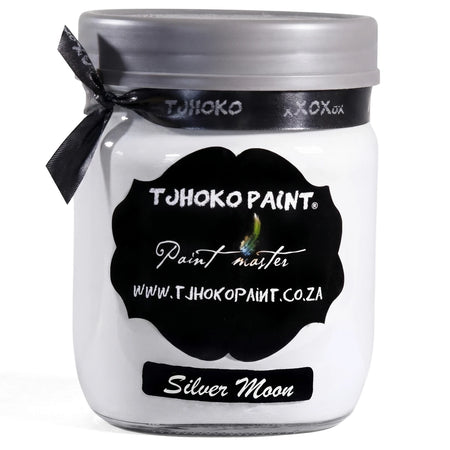 Silver Moon 500ml Tjohoko chalk paint jar with a silver lid, black ribbon, and black label displaying branding.
