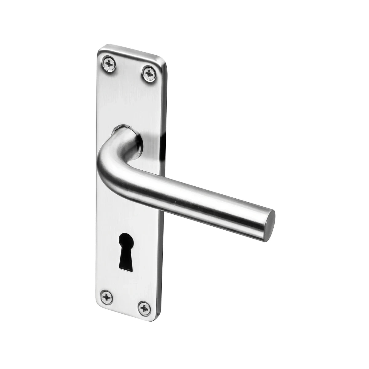 Silver polished 2 Lever Oslo Coupe Lockset with a curved handle and keyhole, seen in a close-up against a white background.