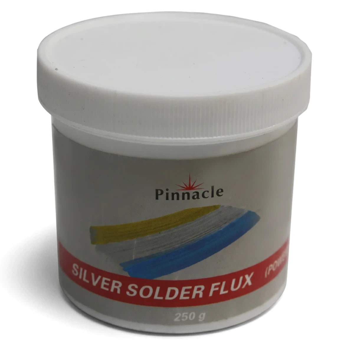 Silver Solder Flux 250g in a gray plastic container with a white lid and red label for electronics soldering.